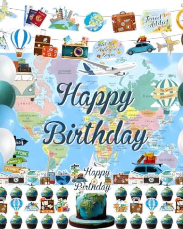 59 Pcs Travel Birthday Party Supplies, Adventure Travel Themed Party Decoration Traveler Backdrop Balloons Cake Cupcake Topper for Travel Themed Party Decor