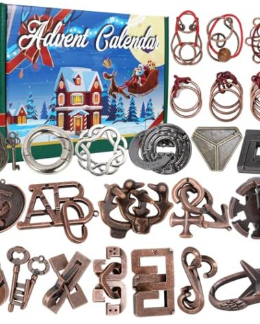 Advent Calendar 2025, Christmas Countdown Calendar Gift Box with 24 Brain Teaser Puzzles, 24 Days Metal Difficult Magic Brain Teaser Puzzles Xmas Countdown Calendar Challenge for Adults Teens