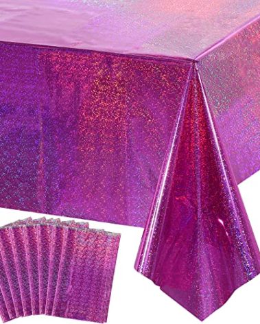 8 Pack Iridescence Plastic Tablecloths Shiny Disposable Laser Rectangle Table Covers Holographic Foil Tablecloth Iridescent Party Decoration Birthday Bridal Wedding Christmas 54" x 108"(Pink & Purple)