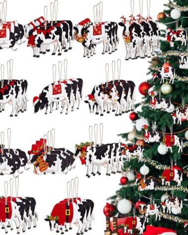 Hoteam 36 Pcs Cow Christmas Ornaments Wooden Cow Ornaments for Christmas Tree Animal Hanging Decor for Farmhouse Home Xmas Holiday Crafts Party Supplies Decorations