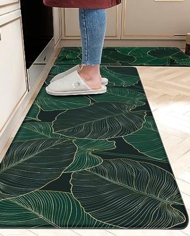 chiinvent Kitchen Mats for Floor Cushioned Anti Fatigue Mats for Kitchen Green Kitchen Floor Mat Memory Foam Boho Kitchen Rugs Luxury Runner Rugs Sets of 2, 17.3x28 + 17.3x47, 0.4 inches