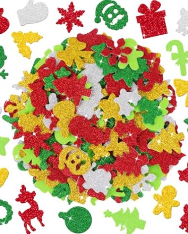 400 Pcs Christmas Foam Stickers, Glitter Foam Stickers for Kids Crafts, Christmas Snowflake New Year Self Adhesive Sticker for Greeting Cards Scrapbook Holiday Party Supplies Stocking DIY Decor