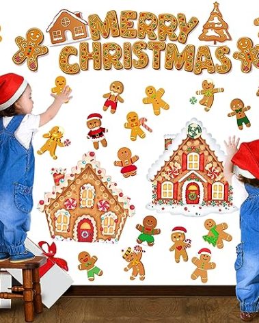 Kajaia Christmas Gingerbread Man Wall Decals Stickers Peel and Stick Wall Sticker Christmas Snowman Santa Candy Cane Winter Wall Decoration for Xmas Children Kids DIY Living Room Bedroom Nursery Decor