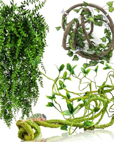 HERCOCCI Reptile Vines, Flexible Jungle Climbing Vines Terrarium Plastic Plants and Leaves Tank Accessories Decor for Gecko Snake Lizard Bearded Dragon Hermit Crab Frog