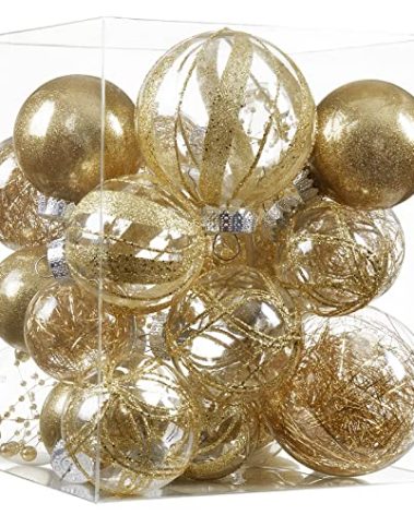 Clear Christmas Ball Ornaments,24ct Shatterproof Plastic Decorative Christmas Ornaments Hanging Xmas Tree Baubles Set with Stuffed Delicate Glittering Decorations for Holiday Party Home Decor (Gold)