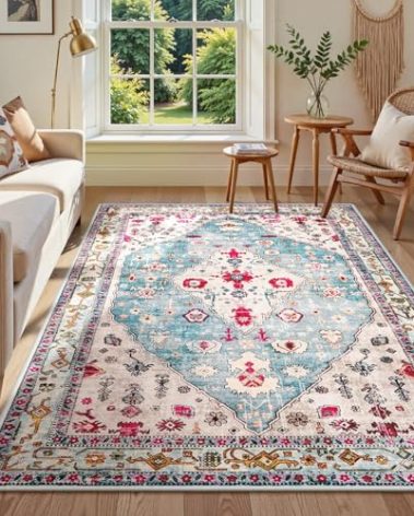 Lahome Boho Tribal Area Rug - 5x7 Aqua Large Rugs for Bedroom Washable Rug for Living Room, Distressed Soft Non Slip Indoor Throw Dining Room Carpet for Apartment Coffee Table Sunroom Office