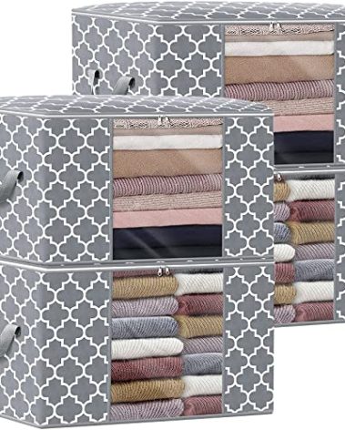 WISELIFE Storage Bags 100L 4-Pack Large Blanket Clothes Organization and Storage Containers for Bedding, Comforters, Foldable Organizer with Reinforced Handle, Clear Window, Sturdy Zippers, Light Grey