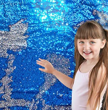 Sensory Wall Sequin Flip Fabric for Kids,3Yard Large Sequins Sensory Materials Fidget Play for Toddlers,Tactile Reversible Fabric Sensory Materials for Calming Corner(3 yd, Sapphire Blue + Silver)