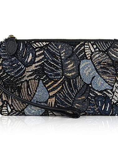 befen Genuine Leather Wristlet Clutch RFID Blocking Bag Cell Phone Wallet Purse Smartphone Wristlet Wallet Purses and Handbags for Women, Blue Leaves