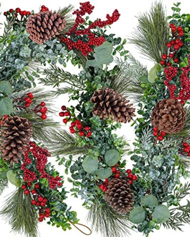 Winlyn 6' Long Artificial Eucalyptus and Pine Christmas Garland with Pine Cones Red Berries Pine Needles Winter Greenery Garland Christmas Season Holiday Wedding Table Runner Centerpiece Mantel Decor