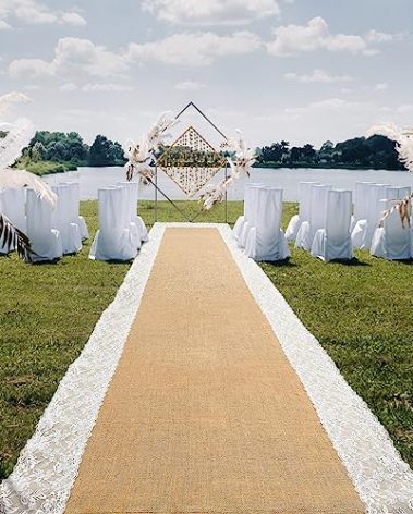 Preboun 3ft x 30 ft Natural Burlap Wedding Runner Aisle Outdoor for Wedding Ceremony Wide Aisle Runner with Lace Jute Rustic Burlap Decorations Outdoor Beach Garden Church
