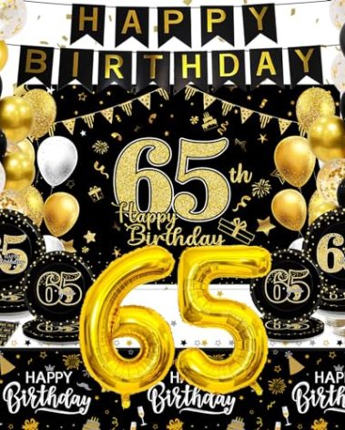 143 Pcs 65th Birthday Party Supplies Set for 24 Guests 65th Birthday Plates Backdrop Decorations Kit for Women Men Cheers to 65 Years Plates Tablecloth Banner Balloons Tableware Party Decors