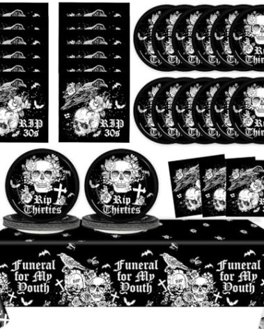 Rip 30s Birthday Party Supplies Serves 24 Death To My 30s Party Decorations Paper Plates Napkins Disposable Black 40th Birthday Tablecloth Set Tableware Kit for My Youth Funeral Party