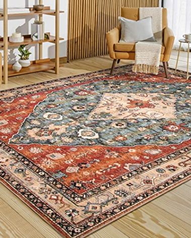 Lahome Boho Tribal 8x10 Area Rugs for Living Room, 8 x 10 Washable Rug for Bedroom Aesthetic, Large Oriental Vintage Soft Dining Room Carpet for Under Table Playroom (Rust/Dull Teal,8x10ft)