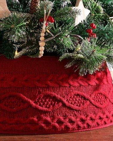 Treory Knitted Christmas Tree Collar: Burgundy Cable Knit Styles Christmas Tree Collars for Artificial Trees, Crossed Diamond Tree Ring Tree skirt for Holiday Home Indoor Decorations Décor Party Gifts