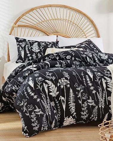 Janzaa 3 Pieces Queen Duvet Cover, Black Duvet Cover with White Plant Floral Microfiber Soft Queen Bedding Set with Zipper Closure & 2 Pillow Cases
