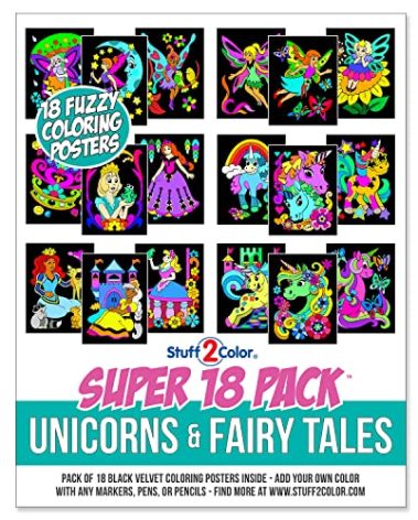Super Pack of 18 Fuzzy Coloring Posters (Unicorns & Fairy Tales Edition) - Arts & Crafts for Girls and Boys - Great for After School, Travel, Planes, Group Activities, and Coloring with Friends