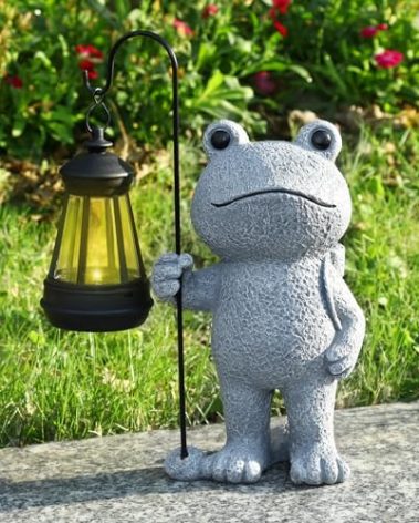 PAETAE Garden Statue Frog Outdoor Decor, Solar Patio Garden Sculptures & Statues, Resin Decor Gift for Women, Mom, Grandma, Stone