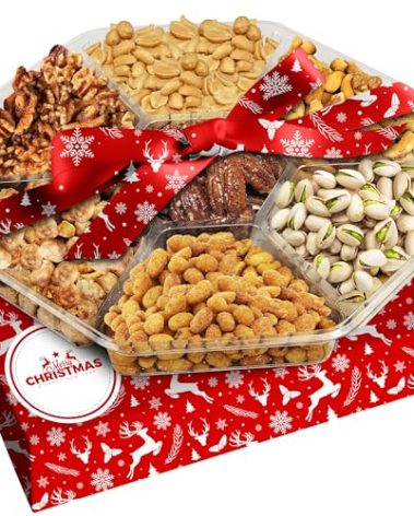 Christmas Nuts Gift Basket for Holiday Season, Premium Mixed Nut Assortment Gift Gourmet Snack Food Present Box, Christmas Gift Basket for Family (7 Sectional)