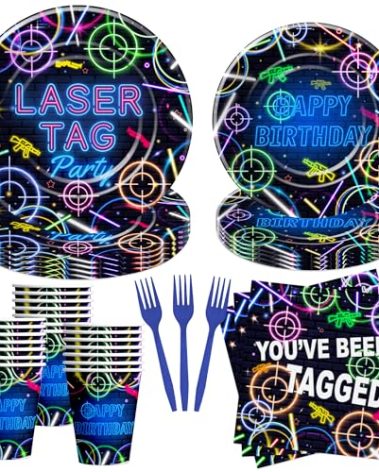 Xenorik Laser Tag Birthday Plates And Napkins Party Decorations Tableware - Neon Glow Shooting Game Laser Tag Birthday Party Supplies, Paper Plate, Cup, Napkin, Disposable Fork | Serves 24
