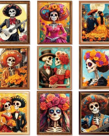 Day of The Dead Poster - 9 Piece Mexican Day of the Dead Decorations Sugar Skull Wall Art Dia De Los Muertos Party Decoration Skeleton Halloween Wall Decor for Mexican Fiesta Party Decor, Unframed