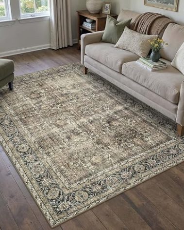 PureCozy Vintage Area Rug 4x6 Brown Entryway Office Washable Carpet Non Slip Bedroom Indoor Living Room Door Mat Low Pile Traditional Distressed Retro Accent Rug for Dining Room Bathroom Kitchen