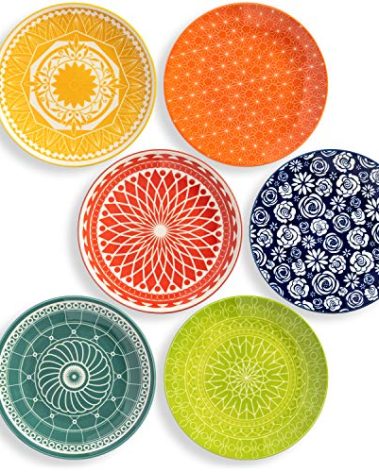 Annovero Salad Plates - Small Plate for Serving Appetizer, Lunch, Sandwich - Microwavable - Decorative Cute Colorful Porcelain Boho Dish Set for 6 - Zero Lead & Cadmium - 8.5 Inch Diameter