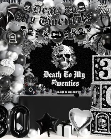 30th Birthday Party Decorations Pack, Death to My 20s Rip 30th Birthday Supplies Including 30th Balloon Boxes Banner Backdrop Tablecloth Rip to My 20s Sash for Funeral Youth Dirty Thirty Party Decor