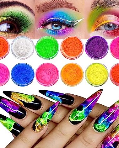 Neon Pigment Powder - 12 Fluorescent Rainbow Colors, 3D Nail Art, Halloween Makeup