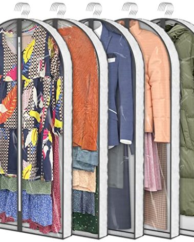 50" Garment Bags, Clear Plastic Clothes Covers with 4" Gussetes for Hanging Clothes Closet Storage, Breathable Protector for Long Coat, Jacket, Sweater, Shirts, Suits, Dress, 5 Packs White