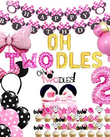 Oh Twodles Balloons Pink Second Birthday Cake Topper 2nd Banner Party Supplies Decorations Photo Prop for Girl Baby Bday