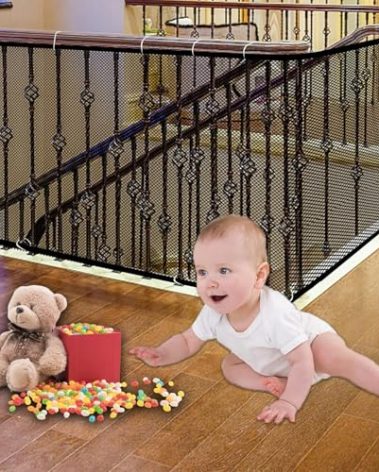 JIFTOK Baby Gate for Stairs, Banister Guard for Kids, Pets, Toys, 10ft L x 2.6 ft H, Mesh Netting Safety Net for Balcony Rail Stair, Stairway Net Baby Safety Products for Indoor & Outdoor (Black)