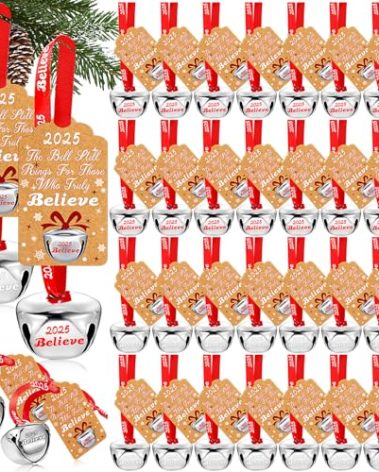 30 Sets Christmas Bells Decor Christmas Believe Bell Ornaments Bulk Polar Express Bell Decorations Xmas Party Gifts Favors Tags Silver Sleigh Jingle Bells for Christmas Tree Decoration(1.6 Inch)