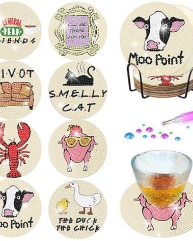 8 Pcs Diamond Painting Coasters- 5D Friends Diamond Painting Coasters Kits，DIY Diamond Art Coasters with Holder Non Slip Coaster Crystal Sticky for Tabletop Protection and Gifts （3.94x3.94Inch）.