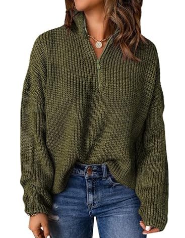 Dokotoo Green Sweaters for Women Long Sleeve Casual Waffle Knit Tops for Women Fashion 2025 1/4 Zip Pullover Chunky Sweaters Warm Cozy Fall Winter Outfits Clothes Medium