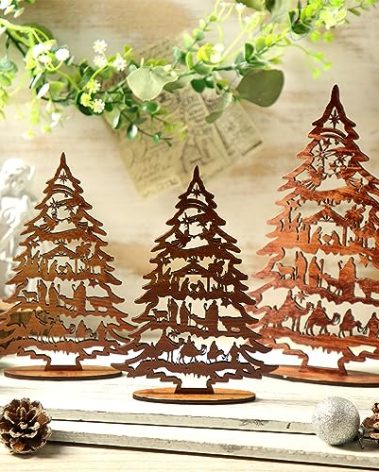 Huwena 3 Pcs Christmas Nativity Scene Table Ornament Vintage Jesus Nativity Set Rustic Farmhouse Holiday Wood Tree Wooden Christmas Tree Tabletop Decoration for Home Tiered Decor Xmas Signs (Classic)