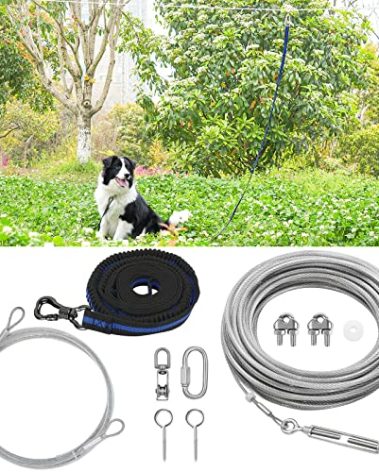 XiaZ Dog Tie Out Cable, 200ft Trolley Runner Cable for Dogs up to 250lbs, Dog Lead for Yard, Camping, Outdoor, with 8 Ft Nylon Bungee Runner, Cable Sling to Protect Trees