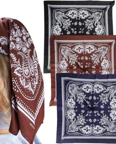Mochabao 100% Cotton 35" x 35" Large Head Scarf for Women‘s Hair, 3 Pcs Versatile Square Hair Scarves Huge Bandanas, Shawl Wraps for Women