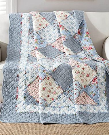 Twin Size Patchwork Quilt Blue Cotton Quilted Throw Blanket Reversible Bedspread Coverlet for Couch Sofa Lightweight Soft Floral Vintage Garden Flowers Comforter Bed Cover for Bed Home Bedroom Decor