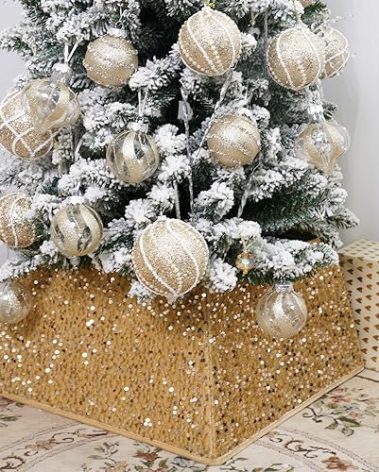 Champagne Gold Christmas Tree Collars for Atificial Trees, 24 Inch Sparkling Sequins Christmas Skirt, Base Cover,Holiday Home Decor Ring (Medium)