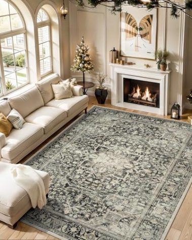 Area Rug 9x12 Living Room Rug, Soft Vintage Washable Rug with Anti-Skid Backing Stain Resistant Thin Indoor Carpet Large Area Rug for Bedroom Under Dining Room Table Nursery-Black