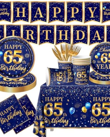 65th Birthday Decoration Men-142pcs Navy Blue and Gold Birthday Tableware Set(Serve for 20) Include Happy 65th Birthday Banner Plates Cups Napkins Tablecloth for Men 65th Birthday Party Supplies (65)