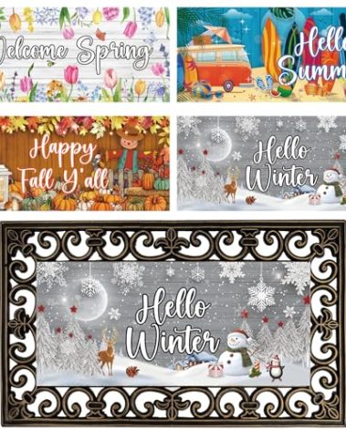 4Pcs Doormat Inserts Seasonal Door Mat Inserts Interchangeable Entrance Doormats Holiday Welcome Doormat Hello Spring Summer Fall Winter Front Door Mat for Front Door Outdoor Indoor Decor 22 x 10 In