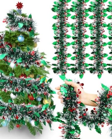 72 Feet Christmas Tinsel Garland Shiny Metallic Tinsel Twist Garland Streamers Ornaments Long Glitter Christmas Tree Hanging Decorations for Party Holiday Wedding Birthday Tree (Dark Green White)