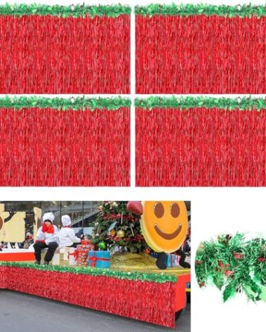 Crowye Christmas Parade Float Decoration Car Parade Decor Include 9 x 2.5 ft Foil Fringe Table Skirt and 6.56 x 0.3 ft Foil Fringe Garland(Red with Green,Classic)