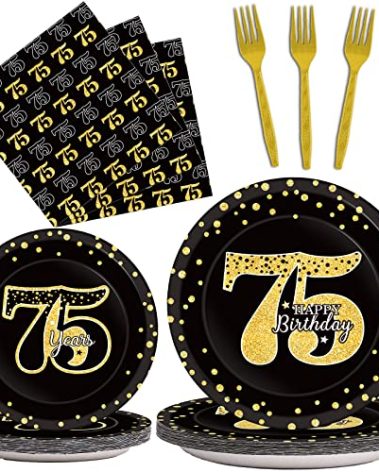96 Pcs 75th Birthday Party Supplies 75th Birthday Tableware Plates Cheers to 75 Years Table Decorations Dinnerware Party Favor for Men Woman Seventy-five Years Birthday 24 Guests