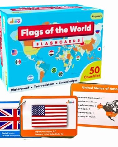 Flags of The World Flashcards | Covers 50 Countries with Country Flag, Map, Economy, Language, Currency & More | Helps Kids Learn Geography in a Fun Way | Premium Quality | by Learning Dino