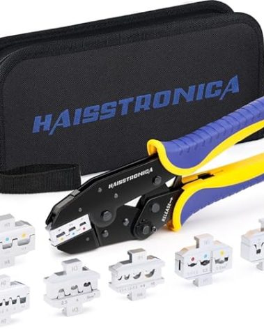 haisstronica 6 in 1 Crimping Tool Kit, Professional Ratchet Wire Crimper with 6 PCS Interchangeable Dies for Heat Shrink, Non-Insulated,Ferrule,Open Barrel,Insulated Connectors, Men Tool Gifts