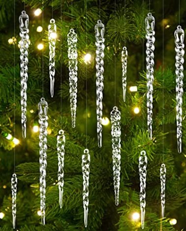 DULEFUN 24pcs Christmas Tree Crystal Decorations 4 Styles Clear Acrylic Xmas Tree Icicle Hanging Ornaments for Christmas New Year Holiday Wedding Winter Party Decor