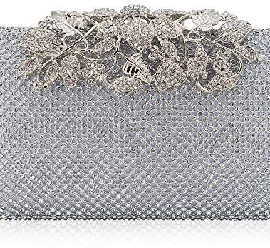MagicLove Womens Evening Bag with Flower Closure Rhinestone Crystal Clutch Purse for Wedding Party Silver